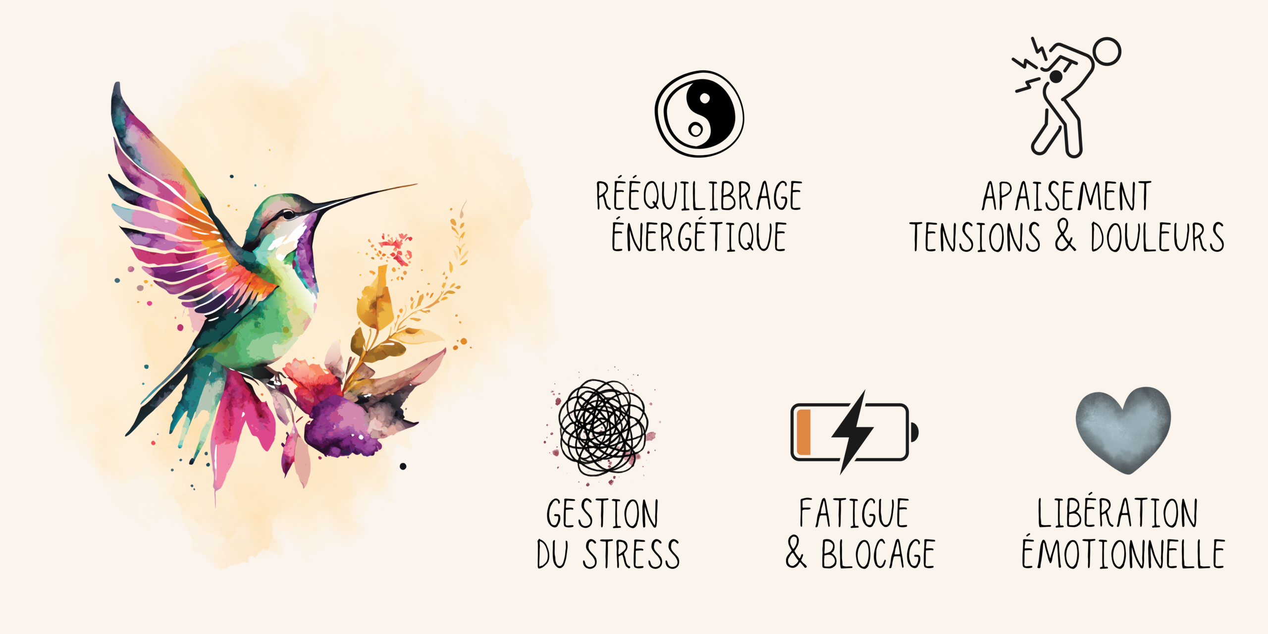 Rééquilibrage énergétique, apaisement des tensions et douleurs grâce aux soins énergétiques, gestion du stress, fatigue et blocages, libération émotionnelle, charge transgénérationnelle, schémas répétitifs.